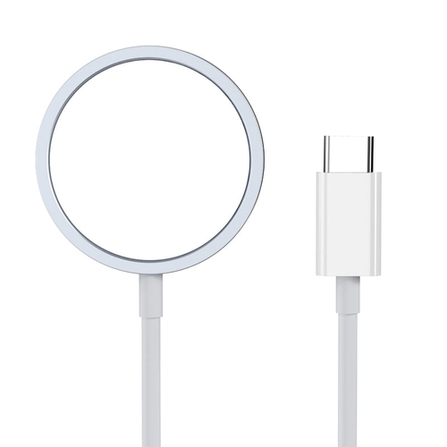 Witte draadloze lader met zilveren rand en USB-C-kabel