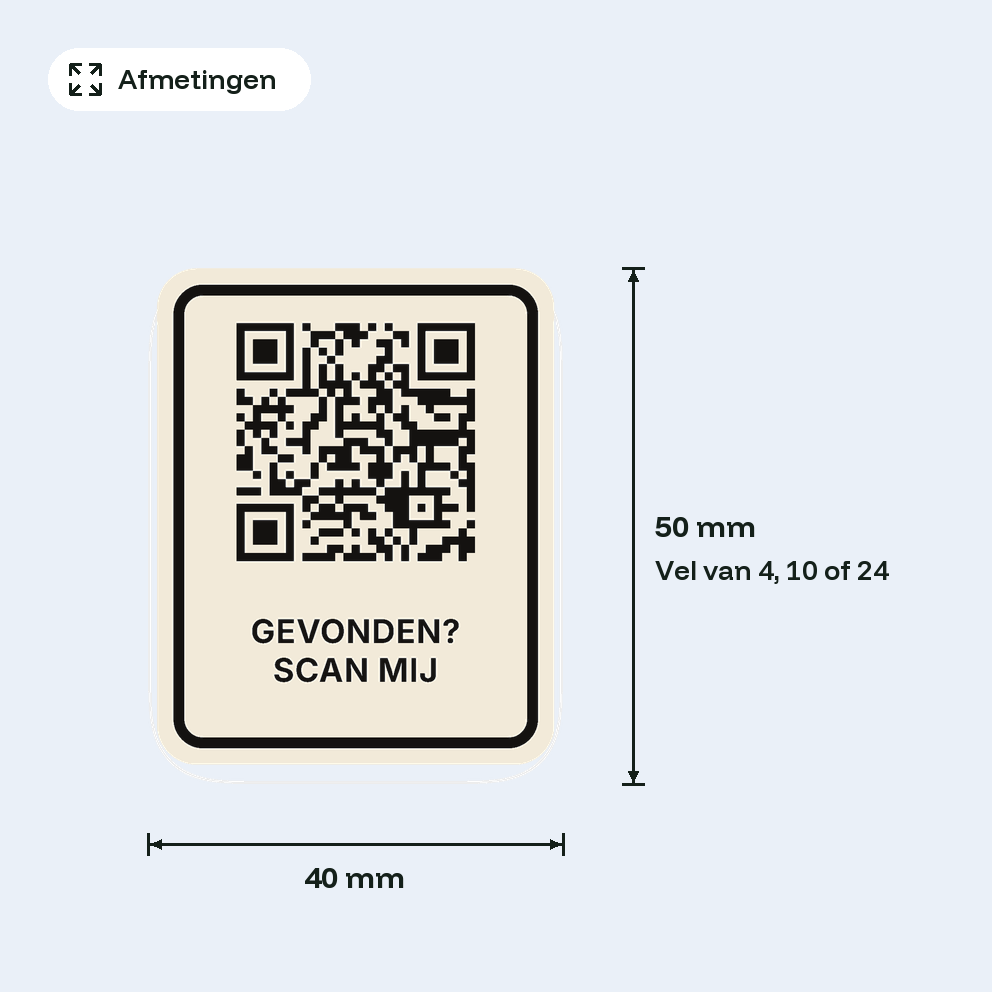 De afmetingen van de terugvindsticker: 40 bij 50 millimeter